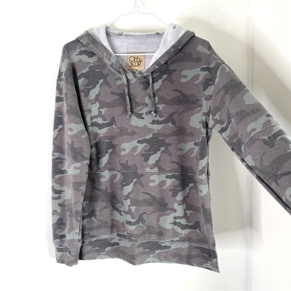 Chaser Tops - Chaser Grey Green Camo Oversized Hoodie Split Hem Drawstring Soft